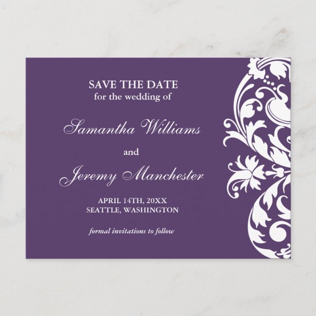 Purple Flourish Swirl Save The Date Announcement (Front)