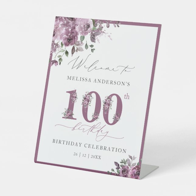 Purple Flower 100th Birthday Welcome Pedestal Sign (Front)