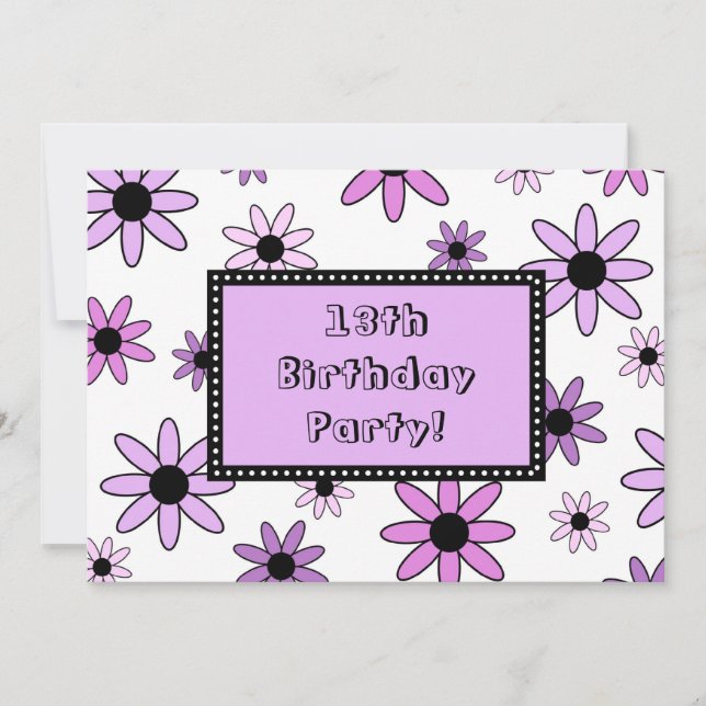 Purple Flower 13th Birthday Party Invitation Cards (Front)