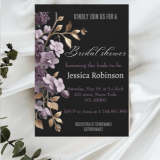 "purple flower and gold leaf bridal shower"  invitation