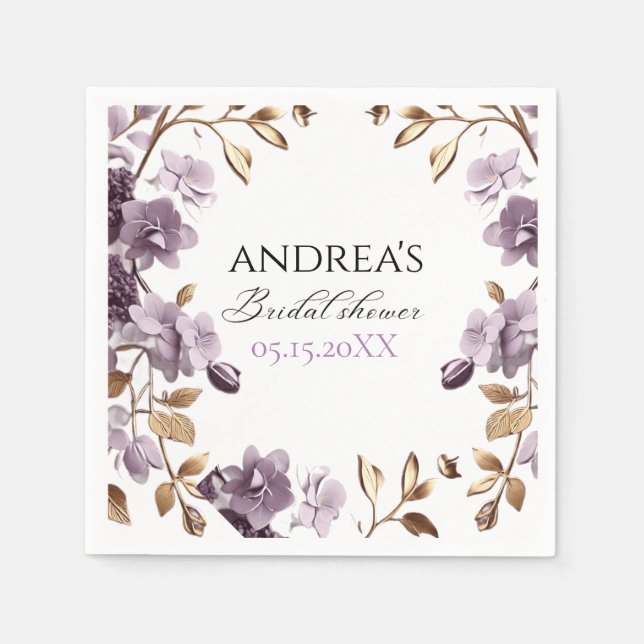 "purple flower and gold leaf paper bridal shower" napkin (Front)
