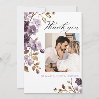 "purple flower and gold leaf thank you card" card
