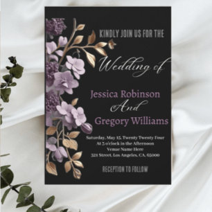 "purple flower and gold leaf weeding invitation" invitation