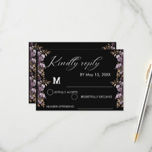 Purple flower and gold leaf weeding Rsvp card