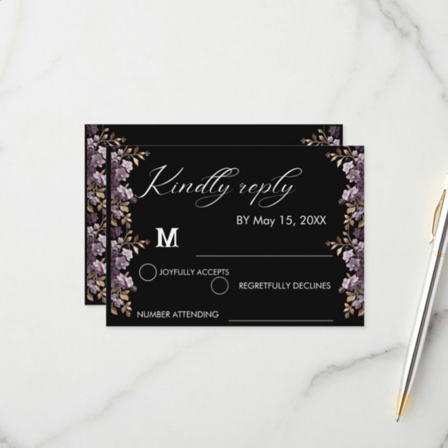 Purple flower and gold leaf weeding Rsvp card (Creator Uploaded)