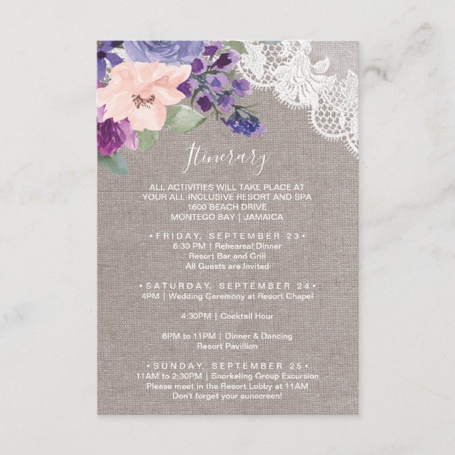 Purple Flower and Lace Wedding Weekend Itinerary Enclosure Card (Front)