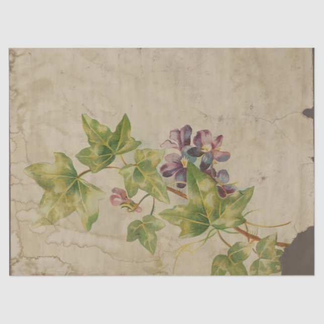 Purple Flower and Leaves on Distressed Decoupage Tissue Paper (Front)
