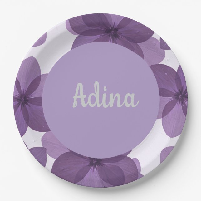 Purple flower Bas Mitzva plates With name (Front)