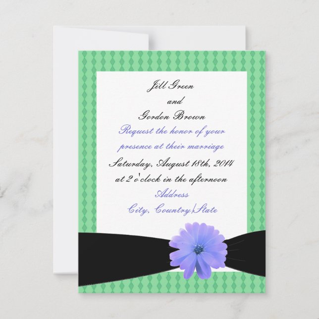 Purple Flower Black Ribbon Wedding Invitation (Front)