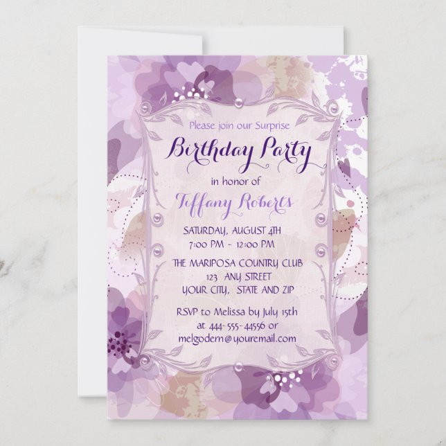 Purple Flower Blossoms Birthday Party Invitation (Front)