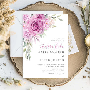 Purple Flower Bouquet Nuestra Boda Spanish Wedding Invitation