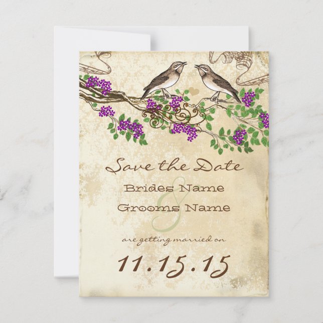 Purple Flower Branch Vintage Birds Wedding RSVP Invitation (Front)