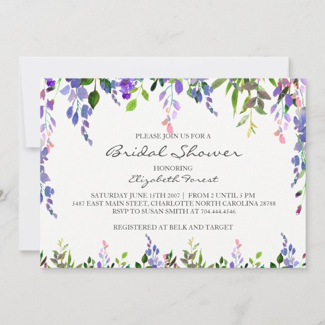 purple flower bridal shower invitation (Front)