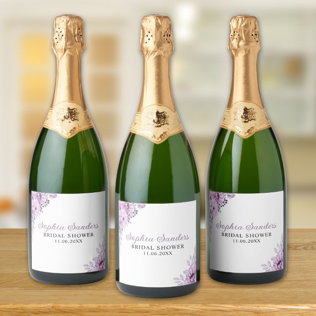 Purple Flower Bridal Shower Party Sparkling Wine Label (Creator Uploaded)