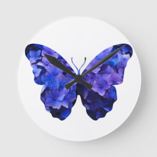 Purple flower butterfly silhouette round clock