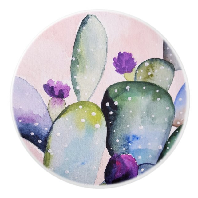 Purple Flower Cactus (Nopal) Ceramic Knob (Front)