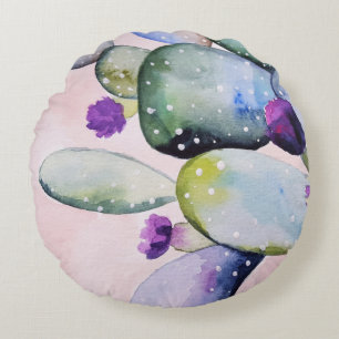 Purple Flower Cactus (Nopal) Round Cushion