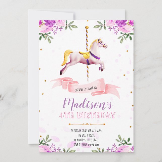 Purple flower carousel party invitation (Front)