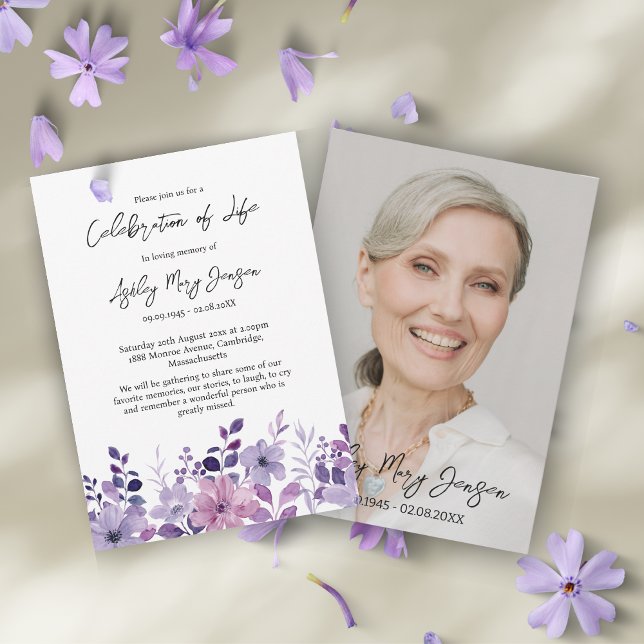 Purple Flower Celebration of Life Photo Funeral Invitation (Creator Uploaded)