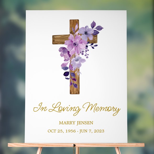 Purple flower cross Memorial Funeral Acrylic Sign (Neutral)