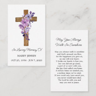 Purple flower Cross Memorial Funeral Prayer Card