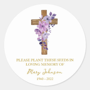 Purple Flower Cross Memorial Funeral Seed Packet Classic Round Sticker