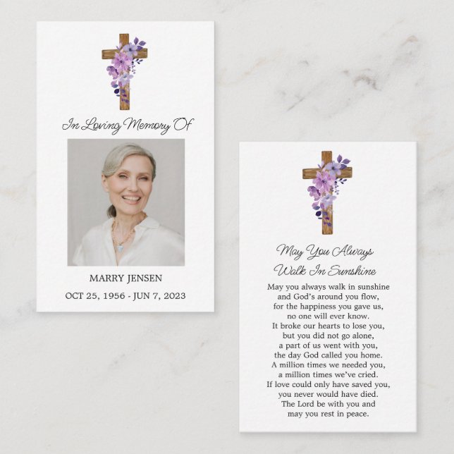 Purple Flower Cross Photo Funeral Prayer Card (Front/Back)