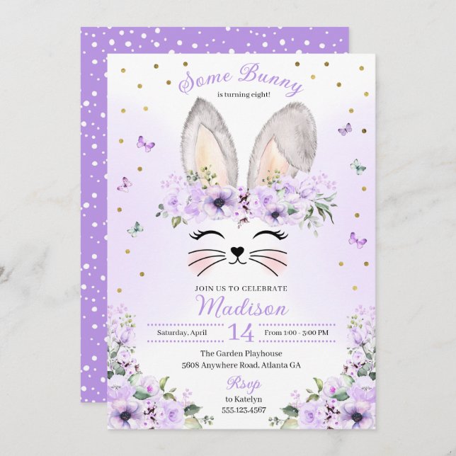 Purple Flower Crown Bunny Ears Easter Birthday Invitation (Front/Back)