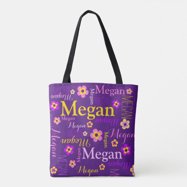 Purple flower custom name Megan art tote bag (Back)
