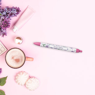 Purple Flower Ditsy Style Monogrammed Black Ink Pen