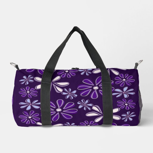Purple Flower Doodle Pattern Duffle Bag (Front)