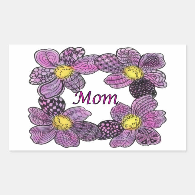 Purple Flower Doodled MOM Design Rectangular Sticker (Front)