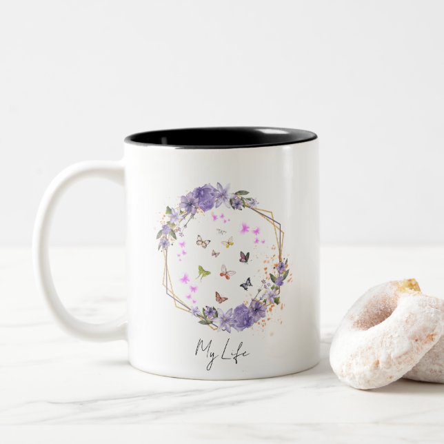 Purple Flower Floral Butterflies Patterns My Life  Two-Tone Coffee Mug (With Donut)