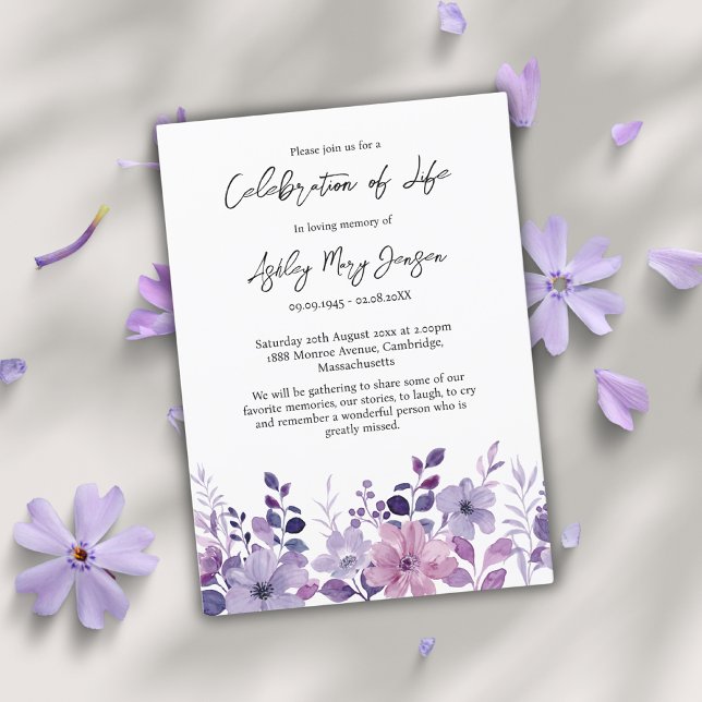 Purple Flower Floral Celebration of Life Funeral Invitation (Creator Uploaded)