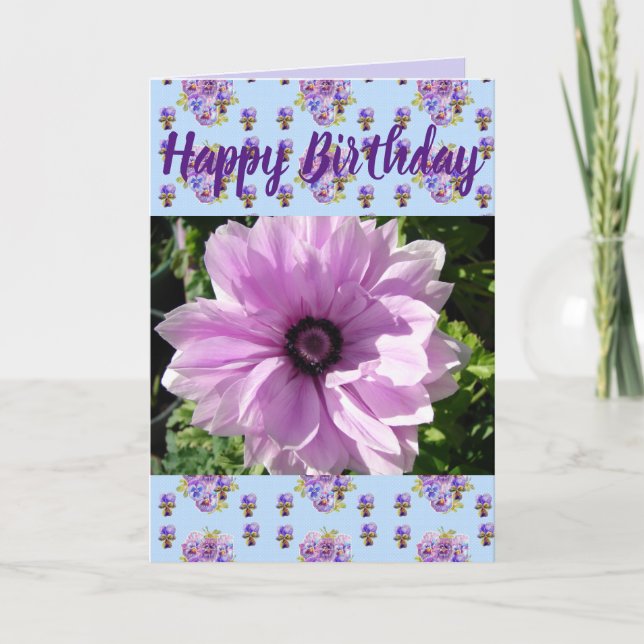 Purple Flower Floral photo Happy Birthday Card (Front)