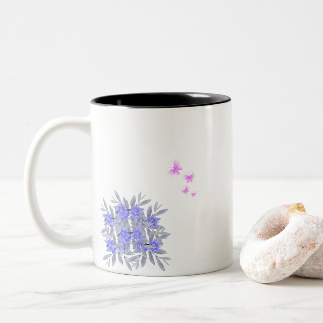 Purple Flower Floral Pink Butterfly Patterns Mug (With Donut)