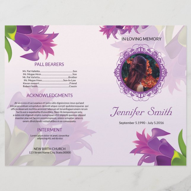 Purple Flower Funeral Program Template (Front)