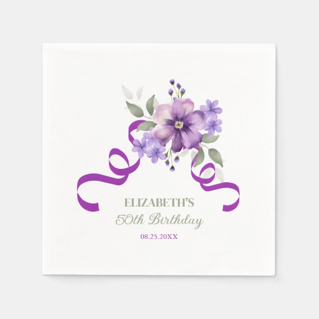 Purple Flower Greenery Ribbon Birthday Napkin (Front)