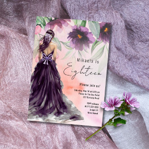 Purple Flower Lady In Long Gown 18th Birthday  Invitation