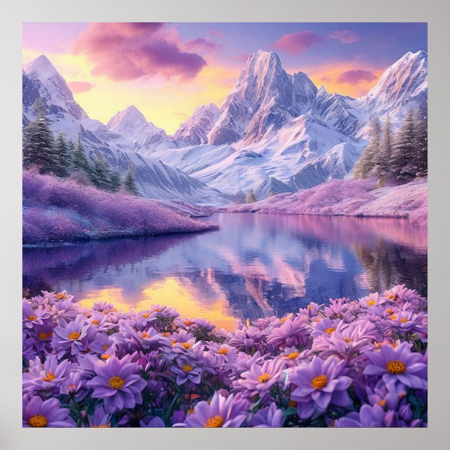🌄 Purple Flower Meadow Alpine Lake Dreamy Sunset  Poster (Front)