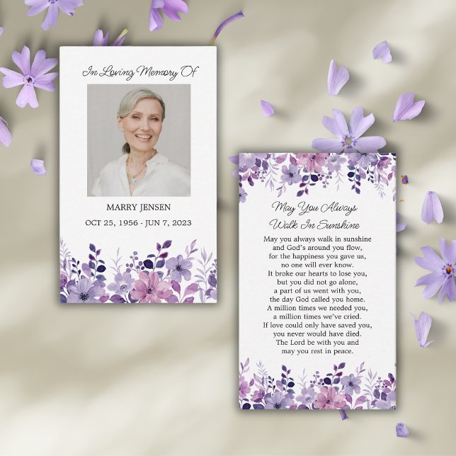 Purple Flower Memorial Photo Funeral Prayer Card (Creator Uploaded)