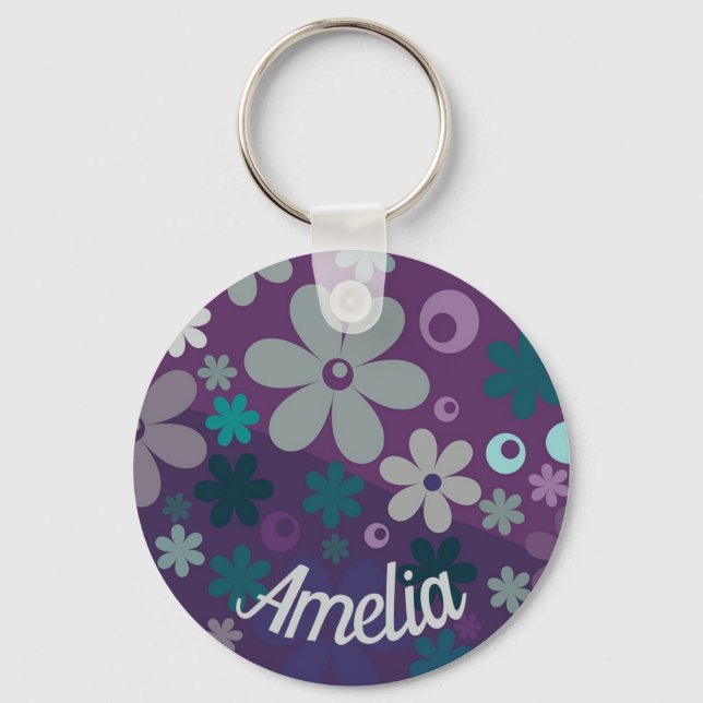 Purple Flower Pattern Cute Personalised Key Ring (Front)