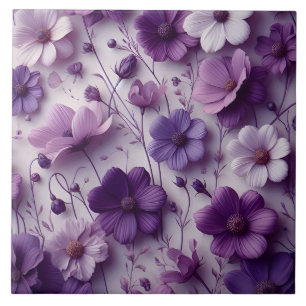 Purple Flower Pattern on a White Background Ceramic Tile
