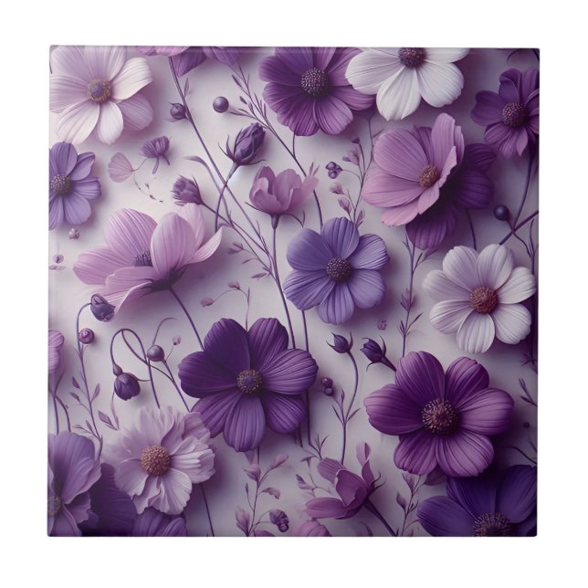 Purple Flower Pattern on a White Background Ceramic Tile (Front)