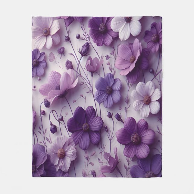 Purple Flower Pattern on a White Background Fleece Blanket (Front)