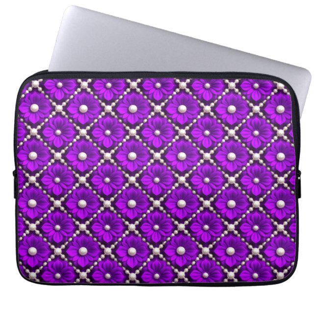 Purple Flower Pattern With Pearl Beads Laptop Sleeve (Front)