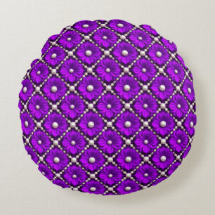Purple Flower Pattern With Pearl Beads Round Cushion