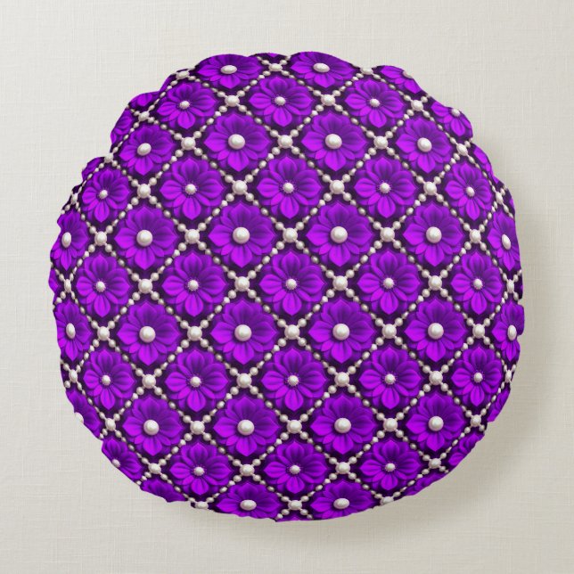 Purple Flower Pattern With Pearl Beads Round Cushion (Front)
