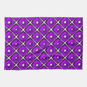 Purple Flower Pattern With Pearl Beads Tea Towel