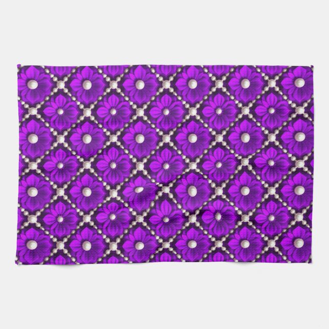 Purple Flower Pattern With Pearl Beads Tea Towel (Horizontal)